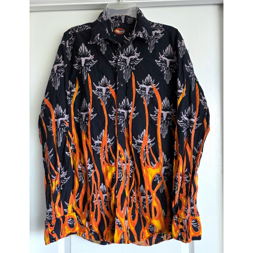 VTG Martini Ranch Flame Bull Skull Graphic Pearl Snap Button Shirt Long Sleeve M